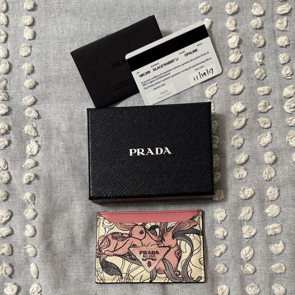 RARE James Jean Prada Pink and Cream Artistic Rabbit Card Holder 1MC208 Opaline